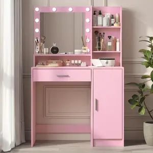 Vanity Desk with Mirror & Light, Large Drawer Three Level Storage Dresser, 3 Lighting Modes Adjustable Brightness, Bedroom Dressing Table
