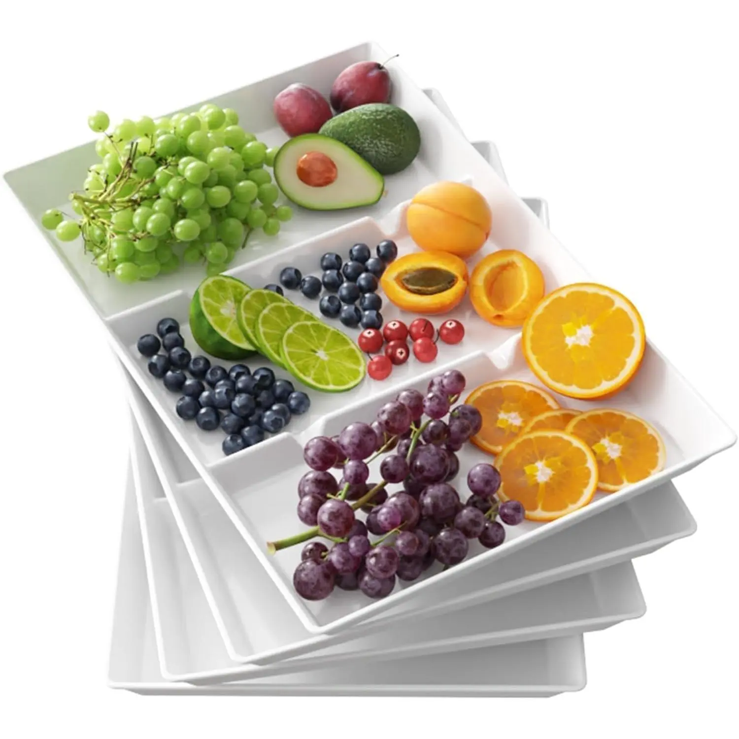 Serving Tray Divided for Party Supplies, 4 count 15" x 10" Plastic Platters for Serving , White  Tray for Veggie, Snack, Fruit, Cookies, Desserts in Kitchen/Pantry
