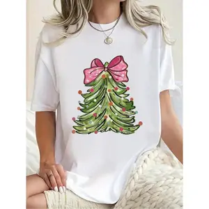 100% Cotton Christmas Tree With Coquette Bow Xmas Christmas T-Shirt Print Round Neck Short Sleeve Streetwear Fashion Breathable Homme Soft Unisex Designer Clothes For Women Casual Clothes
