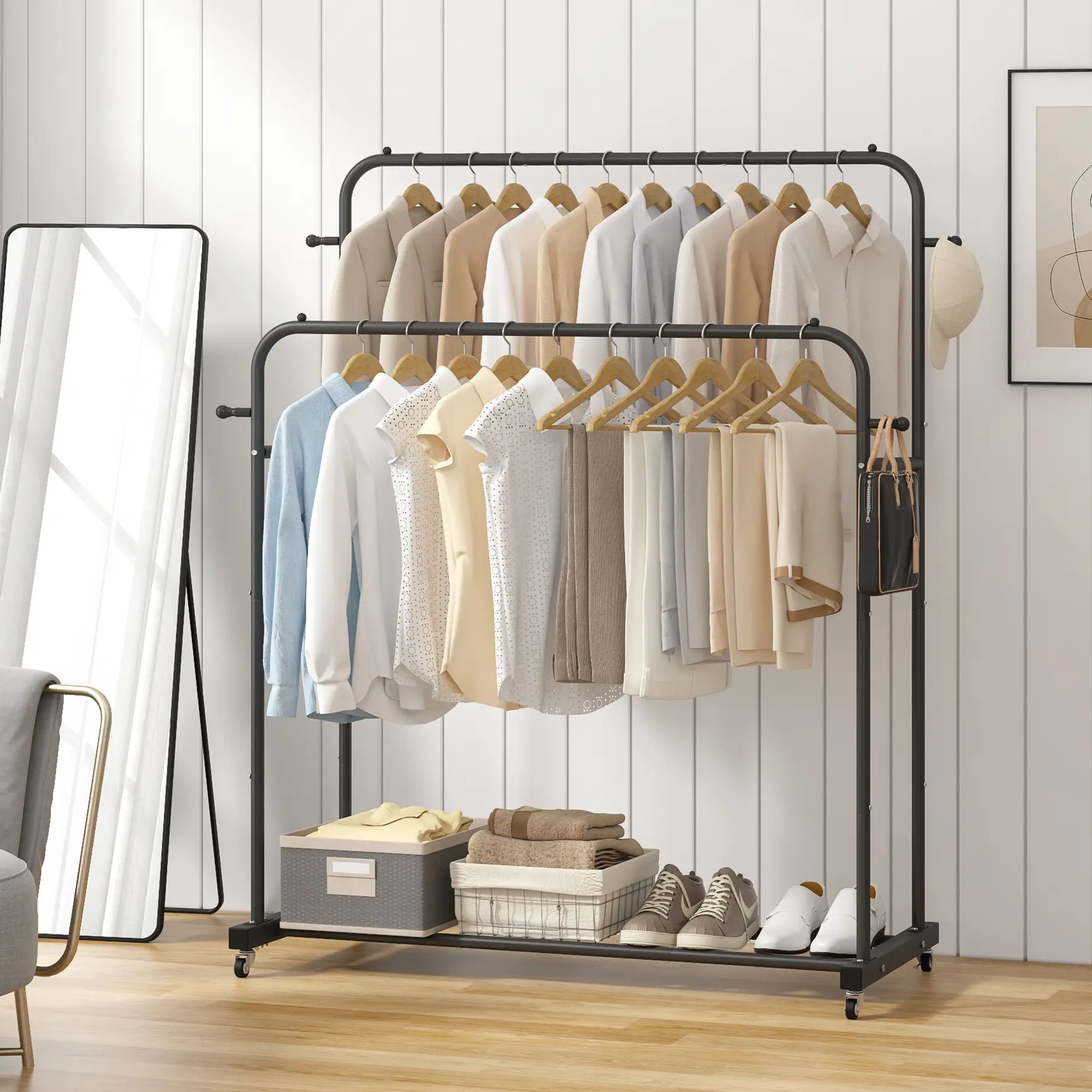 UDEAR Double Rods Movable Garment Shelf with Wheels abd 4 Hooks,for Hanging Clothes,Multi-functional Bedroom Clothes Rack