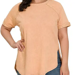 ZENANA PLUS F/TERRY ACID WASH SHORT CUFF SLEEVE PULLOVER