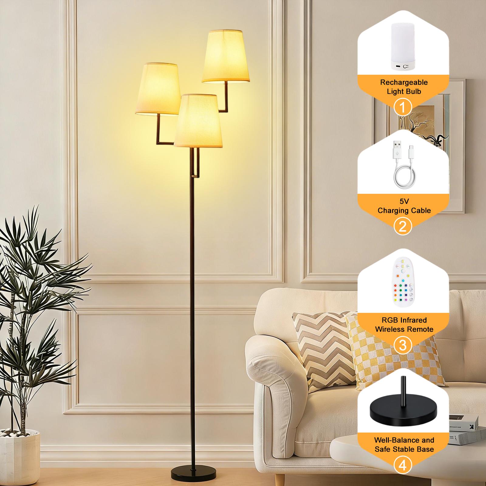 Elegant Wireless RGB Floor Lamp with Fabric Shades – Rechargeable 3-Head Standing Light with Multi-Color Changing, Dimmable Brightness & Remote Control for Bedroom, Living Room or Cozy Home Decor