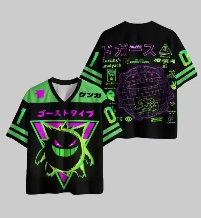 Poketmon  Koffing Neon Cyberpunk Graphic V Neck Jersey Oversized Anime Short Sleeve Shirt for Men Women