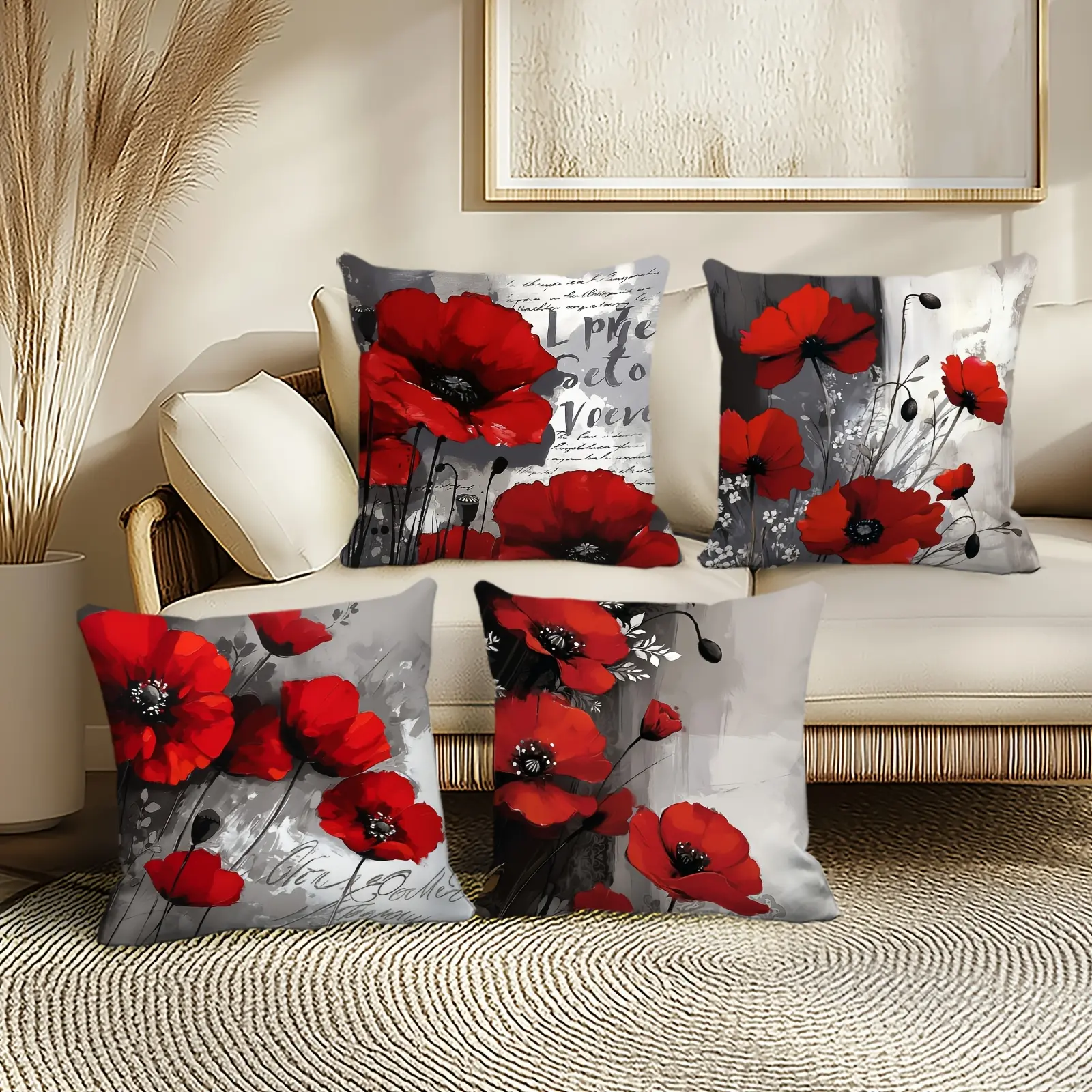4 Pack Pillow Covers, Oil‑Painting Art Style With Vibrant Red Poppy Decor Pattern, Single‑Sided Print, No Pillow Insert, Perfect Choice for Home & Outdoor Holiday Decoration