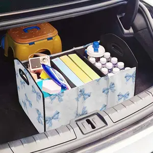 Blue Bow Print Multi-Functional Car Storage Box, Foldable Trunk Organizer with Dividers, Car Storage Organizers, Vehicle Interior Organizing Container, Car Organization Supplies