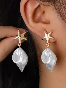 1pair Boho Beach Earrings, Alloy Starfish Shell Conch Pendant Earrings, Perfect for Women's Summer Beach Wear, Stylish and Trendy Jewelry