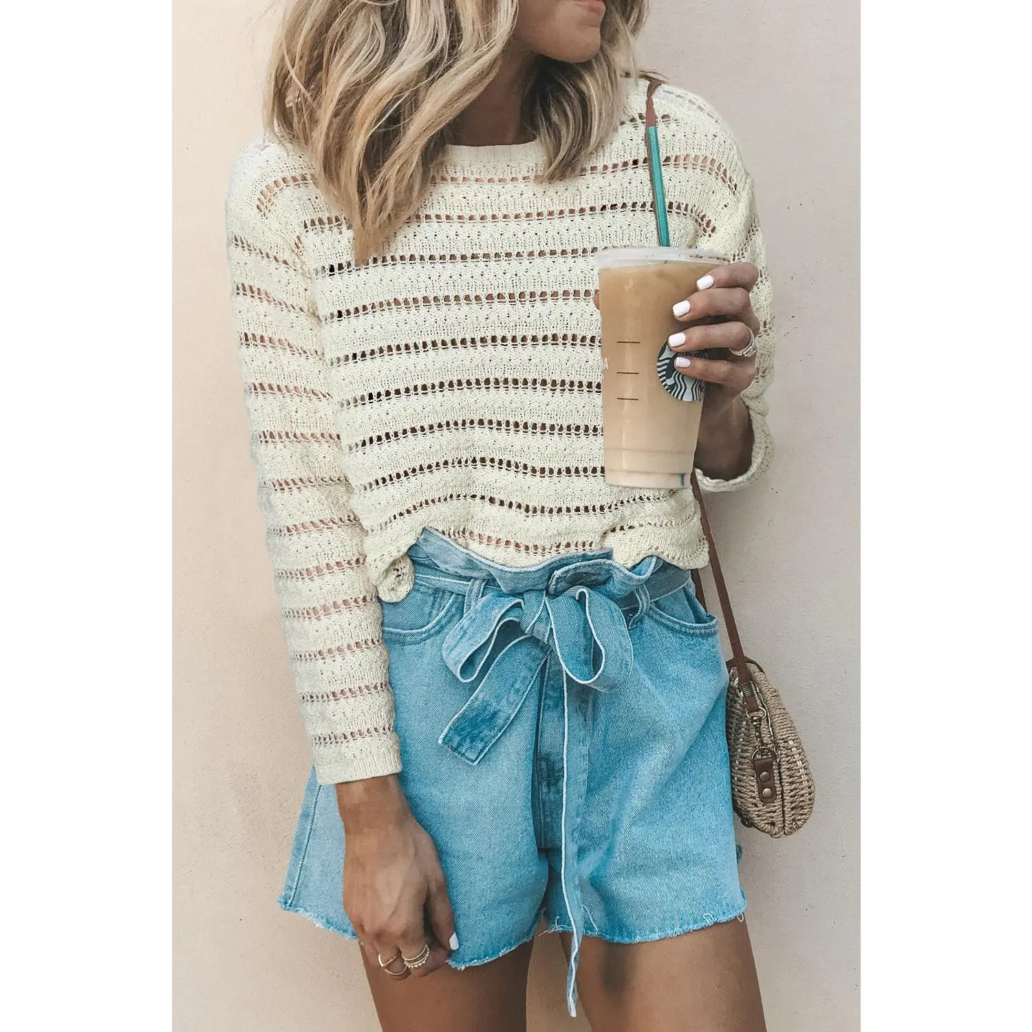 White Hollow Out Knit Round Neck Sweater