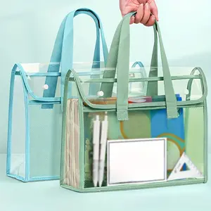 Clear PVC File Carrying Bag Double Layer Document Organizer Large Capacity Handheld Book Bag for Office School Travel File Folder