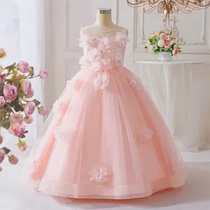 7-12Y Peach Pink 662 Kids Clothes Flower Girls Princess Long Ball Gown Frock 3D Floral Mesh Ball Gown Children Formal Evening Party Banquet Pageant Prom Host Cocktail Dress