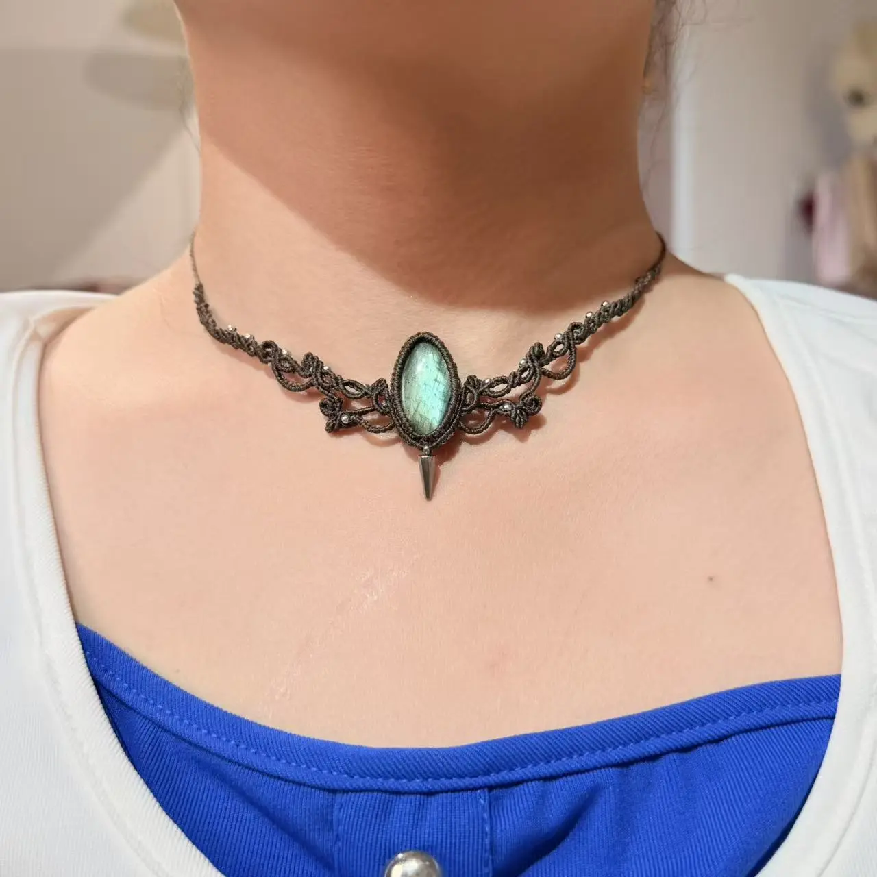 Labradorite Macrame Necklace - Handcrafted Custom Made Jewelry, Decorative Fashion Minimalist Necklace, Boho Ethnic Magic Stone Jewelry, Made to Order Macrame Craft Gift