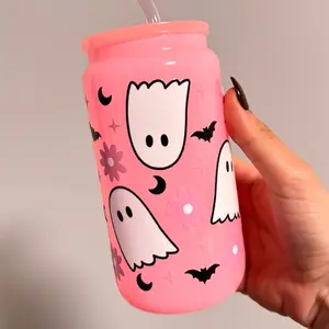 Ghost Iced Coffee Glass Cup With Lid and Straw, 16oz Pink Glass Tumbler, Halloween Bats Iced Coffee Reusable Travel Mug