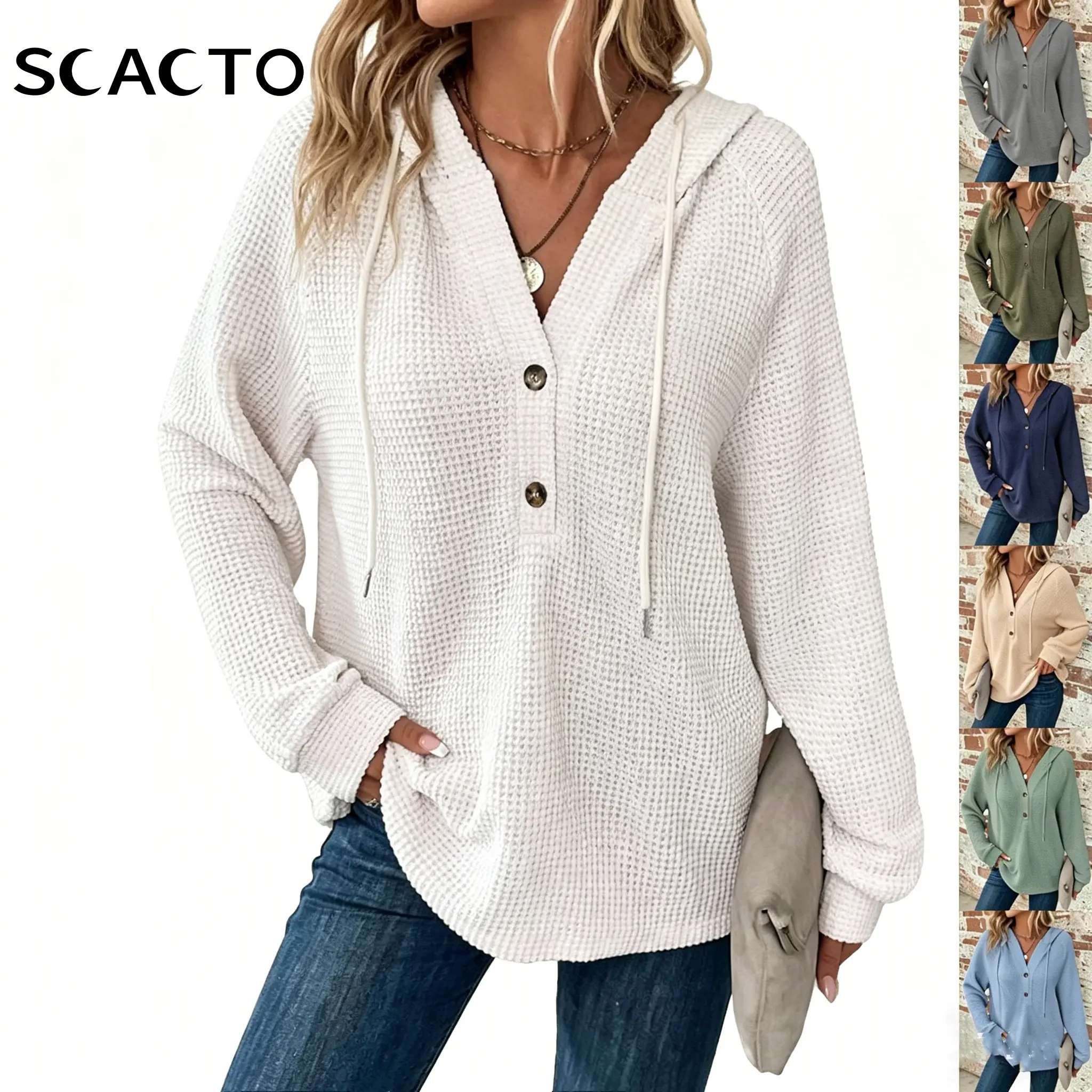 Scacto Women's Army & Apricot Plain Waffle Knit Polyester Pullover Hoodie - Long-Sleeve V-Neck, Drawstring Hood, Button-Accent Medium-Length Casual Style Top for Autumn, Pairs with Jeans, Leggings, Buttons, Basic, Casual Ootd, Comfortable