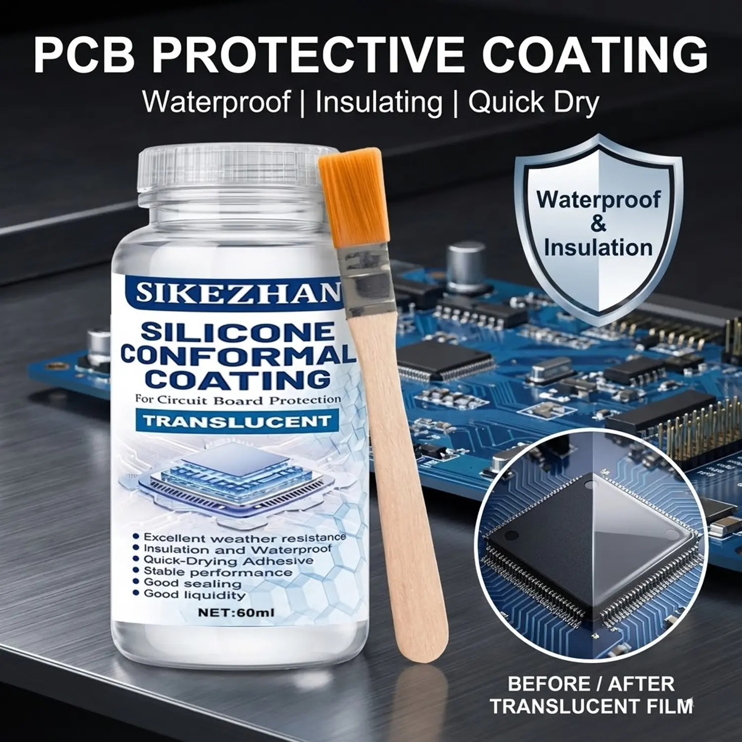 SIKEZHAN 60ml Silicone Conformal Coating for Circuit Board Protection with Brush, Translucent Waterproof Insulation Sealant Paint, Quick-Drying Adhesive for PCB Repair, Drone FC, LED Strips, Automotive Electronics, High Weather Resistance Protective Glue