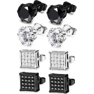 Stainless steel earrings men's and women's silver black square earring set men's inlaid cubic zirconia 6-10MM