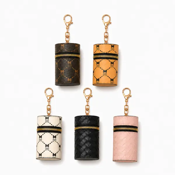 Mini Lipstick Holder Keychain, Portable PU Leather Lip Balm Case with Zipper and Scarf Charm, Small Cosmetic Storage Bag for Lipstick, Lip Balm, Pills, Keys and Travel Essentials