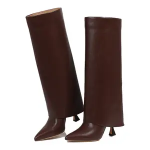Leather Knee High Boots Fold Over Kitten Heels Boots with Layered Design Pointed Toe Sculpted Heel Trendy Silhouette Premium Faux Leather Construction Stylish Statement Footwear for Fall Winter Chic Pointed Toe Unique Heel Shape Women's Comfortable