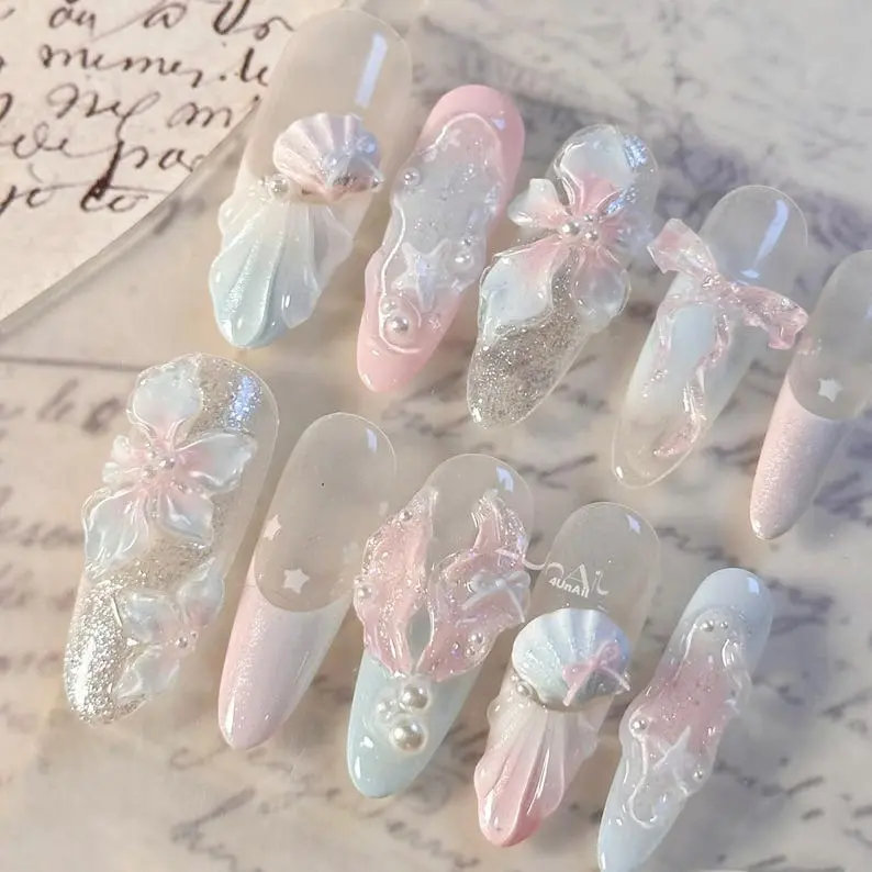 Luxury Hand-Painted Press-On Nails | Pink French Almond Design | 3D Short Fake Nails