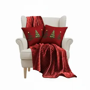 SOGA 3PC Christmas Set – Burgundy Striped Flannel Throw Blanket & 2 Red Tree Trio Pillow Covers