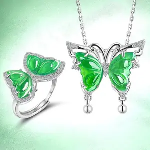 Natural Silver Jade Necklace and Ring with Green Butterfly Pendant — Gifts for Women, Wife, Wedding, Birthday, Anniversary, Mom, Girlfriend, Her — Mother’s Day Gifts for Mom, Women’s Valentine’s Day and Christmas Day Gifts