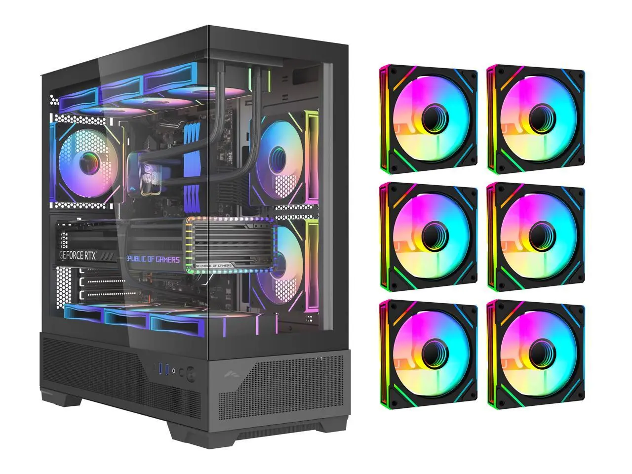 SAMA V43 ATX Gaming PC Case, 6 x ARGB Infinity Mirror Fans + PWM Hub Included, High Airflow, USB 3.2 Gen2x2 Type-C, Supports 360mm Radiator, 427mm GPU, Tempered Glass Black