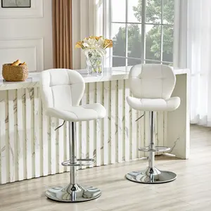 Set of 2 Height Adjustable Bar Stools, PU Upholstered Tufted Backrest Chairs with Chrome-Plated Metal Base & Footrest for Kitchen Island, Pub, Bar (White)
