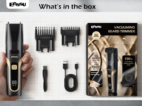 Enssu Vacuum Beard Trimmer for Men, Auto Hair Suction Electric Trimmer, 2 Guide Combs, Adjustable Length Dial, Waterproof Cordless Grooming Kit for Beard, Face & Body