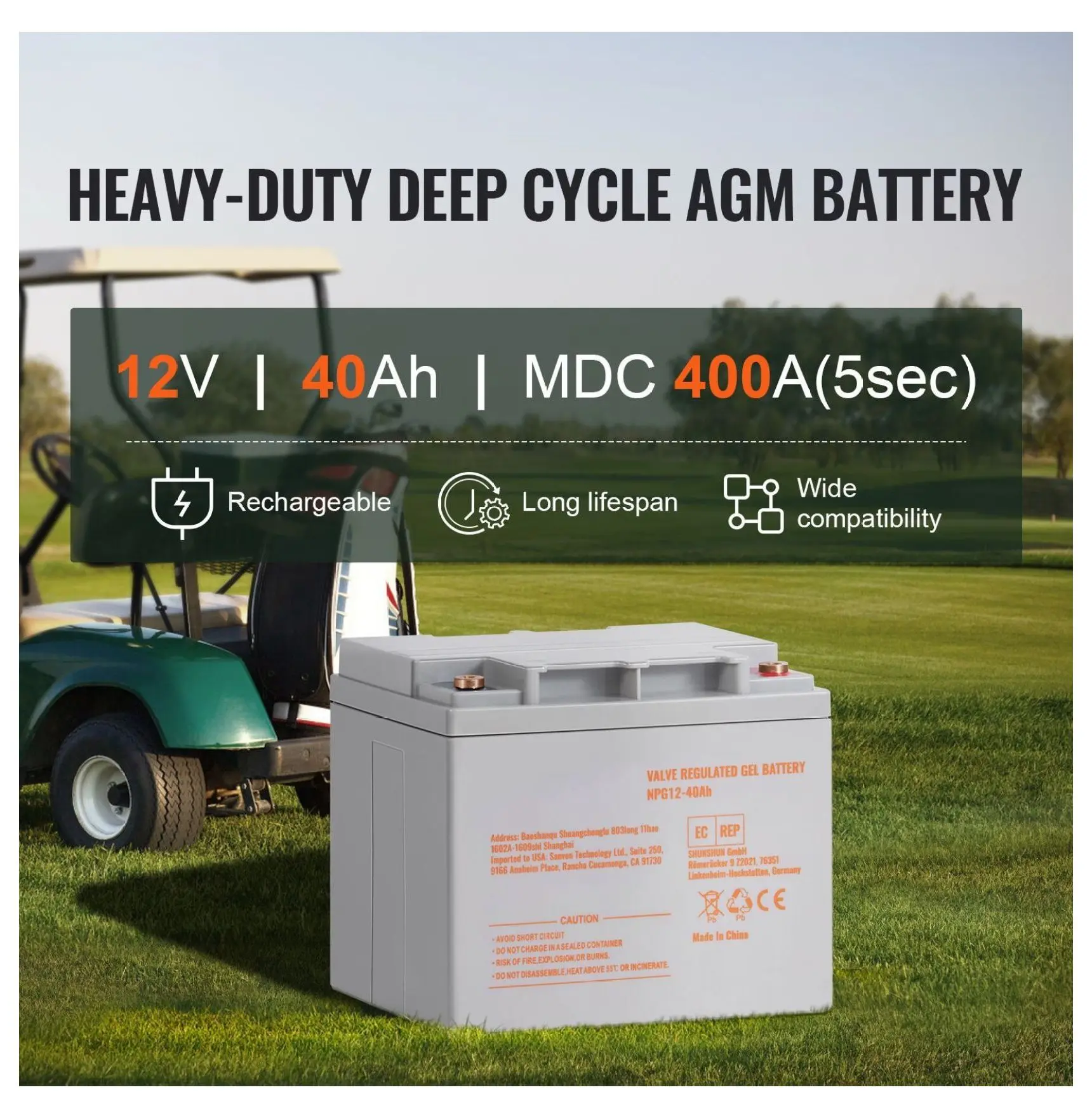 12V 40AH Marine Battery, AGM Deep Cycle - Mobility Scooter, Electric Wheelchair, e-Bike, Go-Kart Battery with 400A Discharge Default