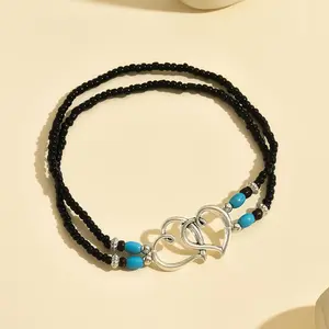 4-piece Bohemian-style beaded anklet set - multi-color sparkling beloved jewelry, with adjustable elastic cords, mini seed beads, hollow double-heart design, suitable for party gifts and casual wear, vintage style, bohemian style tarnish proof