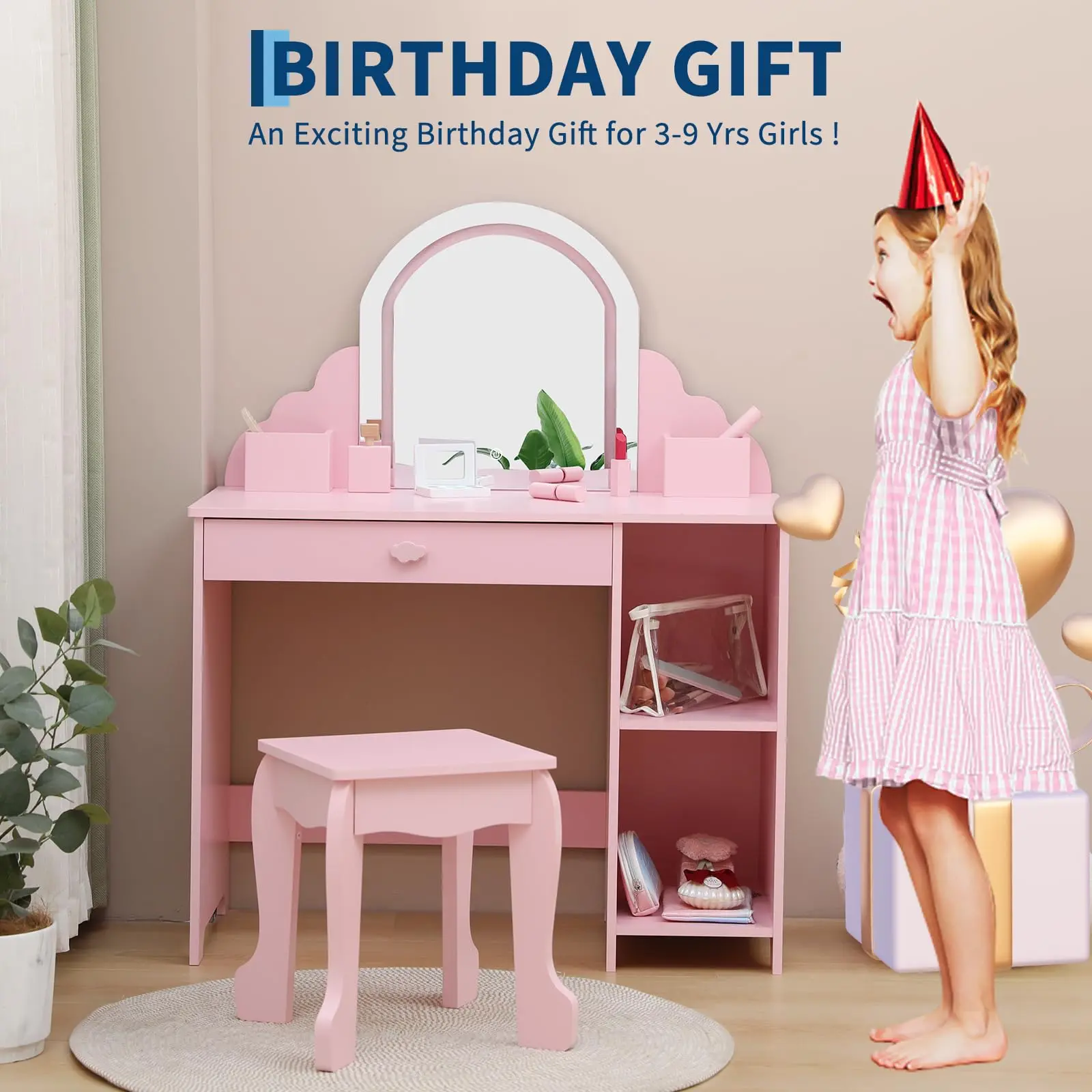 2-in-1 Children's Vanity Table Set with LED Lighted Mirror – Kids Makeup Desk & Study Table with Drawers, Open Shelves – Girls Dressing Table and Stool for Bedroom or Playroom