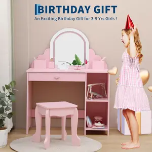 2-in-1 Children's Vanity Table Set with LED Lighted Mirror – Kids Makeup Desk & Study Table with Drawers, Open Shelves – Girls Dressing Table and Stool for Bedroom or Playroom