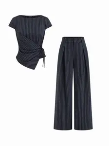 Cider Striped Boat Neck Short Sleeve Wrap Knotted Top & Mid Rise Straight Leg Trousers Set