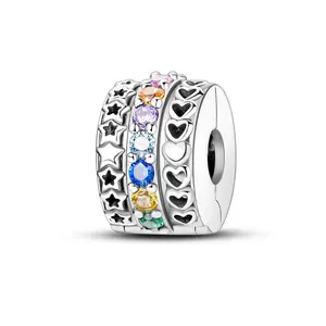 MULA 925 Silver Colorful Star and Heart Charm Clip | Multicolor Zircon Spacers for Bracelets and Necklaces | Safe and Stylish Jewelry Accessories | Fits Pandora Bracelets | Gift for Women and Girls