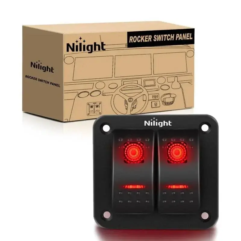 Nilight 2-Gang Aluminum 5-Pin ON/OFF Rocker LED Light Switches Panel with Red LED Control, Night Glow Sticker for Home Improvement Electrical Equipment, Cars, DIY Users
