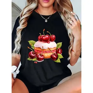 Women’s Black T-Shirt with Cherry Cake & Cherries Graphic, Casual Summer Daily Wear, Cute Sweet Style for Ladies 100% Cotton T-shirt