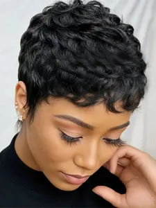 straight layered pixie wig for women daily party cosplay use wig machine made 150% Denisty pixie cut Glueless Soft Human Hair wigs  short burgundy  natural black color