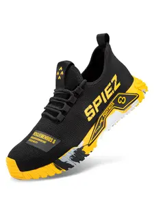 SPIEZ Men's Steel Toe Slip-On Safety Sneakers - Breathable Lightweight Non-Slip Work Shoes, Fashion Black/Yellow Design Boy Footwear