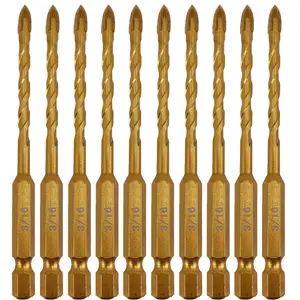 3/16 Inch Masonry Drill Bits 10 count Pack, 4 Edges YG6X Carbide Tipped  Spear , 1/4 Hex Shank, Titanium Coated Surface, Multi-Purpose for Glass Tile Concrete  Ceramic Brick Marble