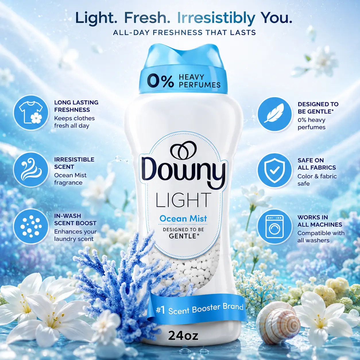 Light Laundry Scent Booster Beads, Ocean Mist Scent, 24 OZ, In-Wash Fabric Beads Designed To Be Gentle With A Light Boost Of Scent, No Heavy Perfumes
