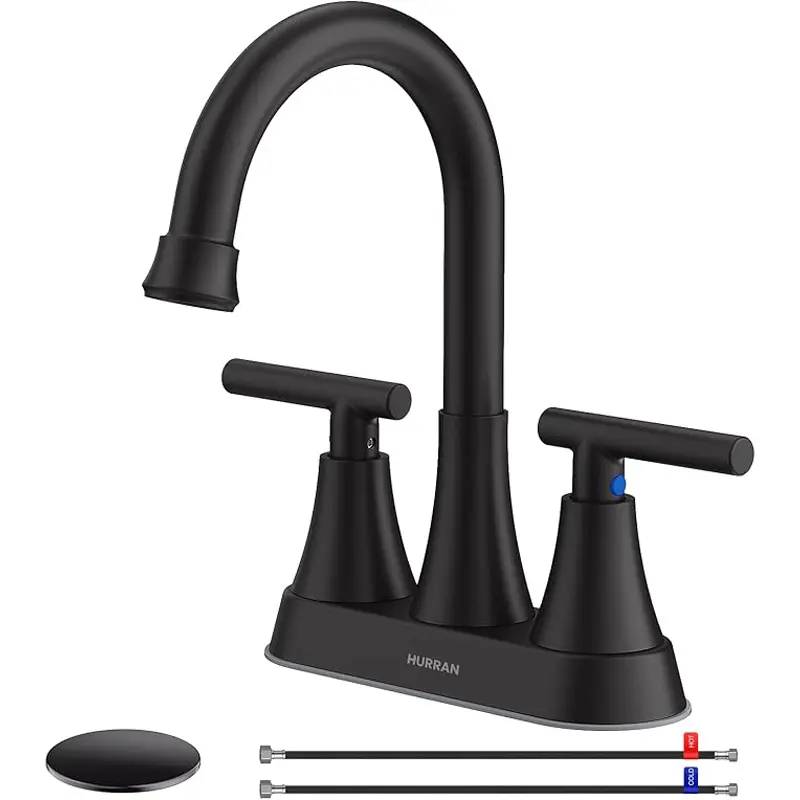 Bathroom Faucets for Sink 3 Holes, ATSHOWER 4 inch Matte Black with Pop-up Drain and 2 Mixing Hot Cold Supply Hoses, Stainless Steel Lead-Free 2-Handle Centerset Faucet for Sink Vanity