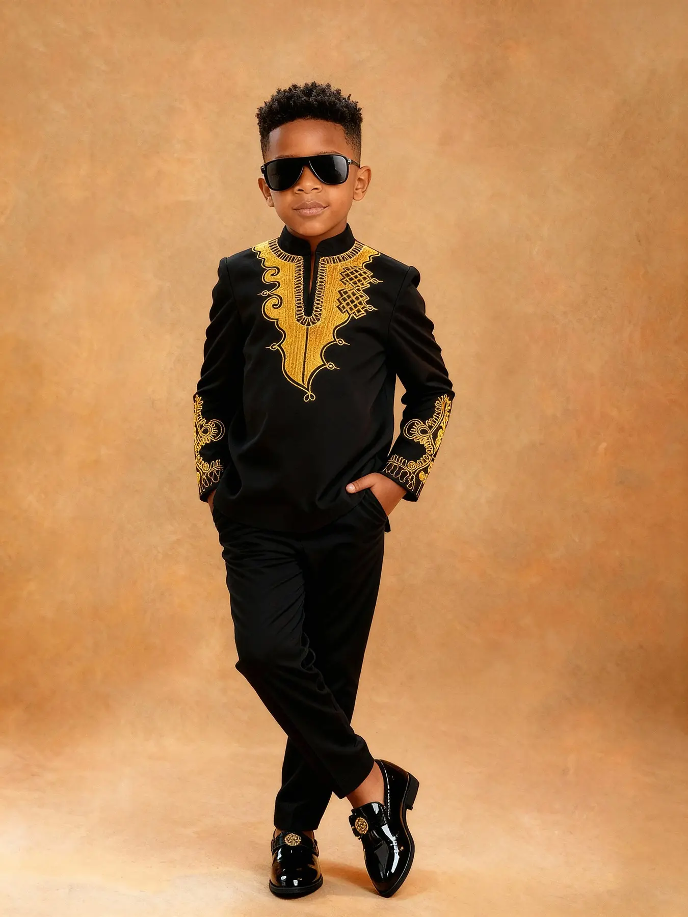 Boys' African Style Gold Embroidery Dress Set, Birthday Party Performance, Traditional Ethnic Clothing, Costume for Parties, Themed Party Outfit