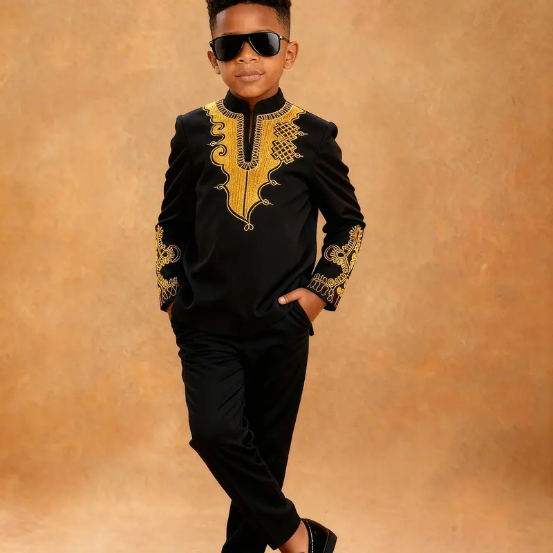 Boys' African Style Gold Embroidery Dress Set, Birthday Party Performance, Traditional Ethnic Clothing, Costume for Parties, Themed Party Outfit
