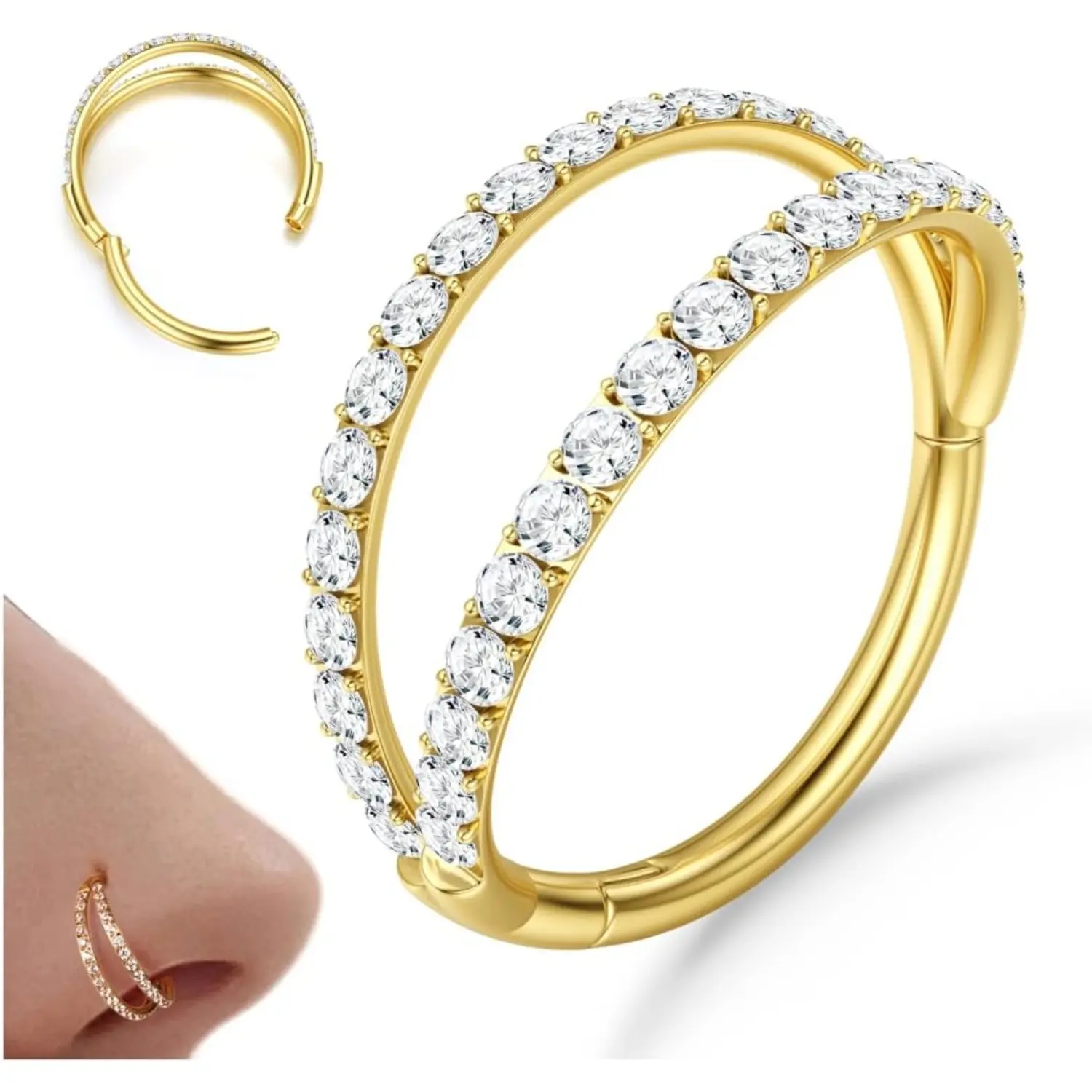 MILACOLATO 18G/20G Geometric Cubic Zirconia Hinged Double Hoop Body Piercings Set - Hypoallergenic 316L Surgical Steel Hinged Nose Ring for Double Nose, Helix Piercings, Casual Summer Wear