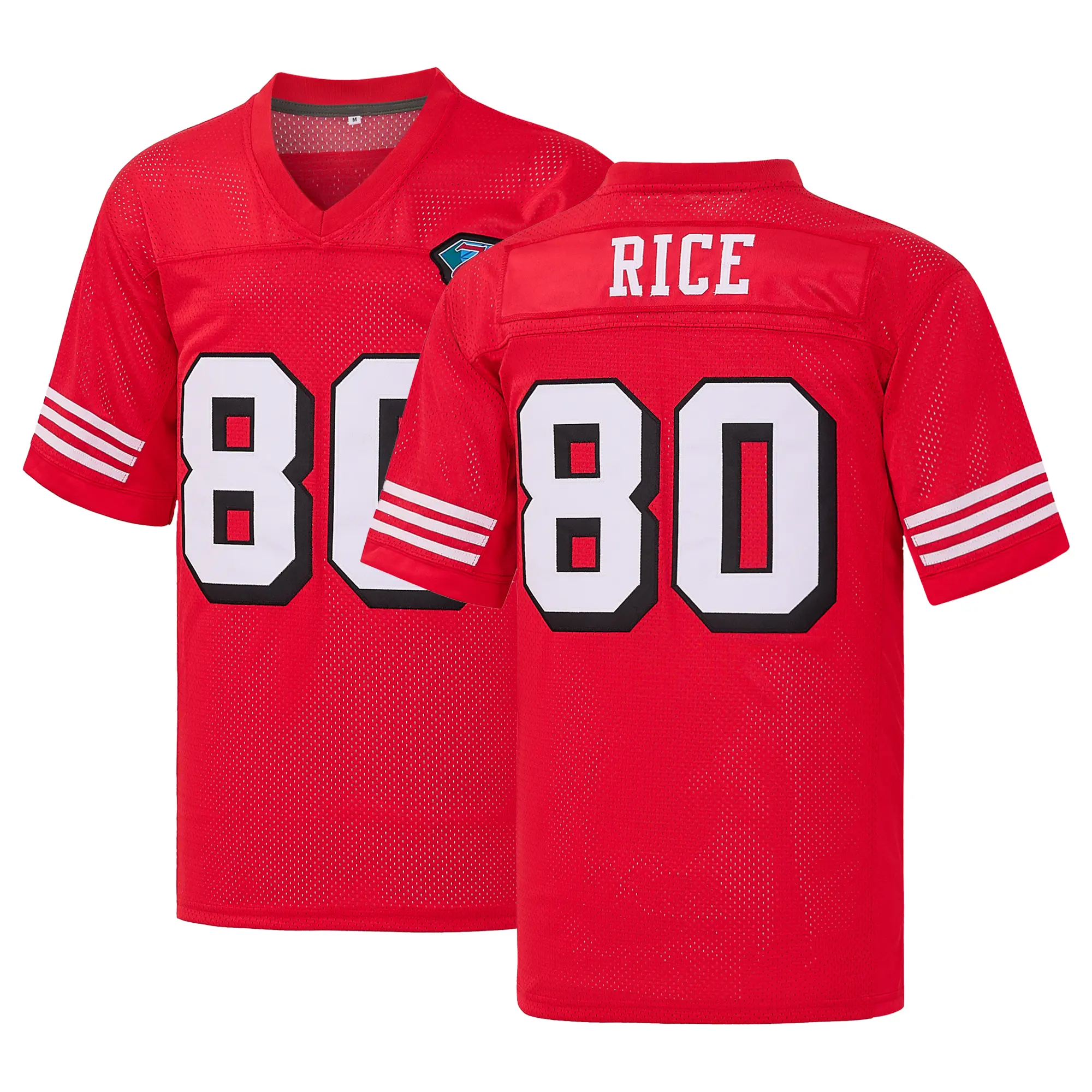 Men's RICE #80 Red Football Jersey, 75 Th Anniversary Patch Mesh V Neck,Letter Embroidery Game Training Football Clothing，Fan Gift