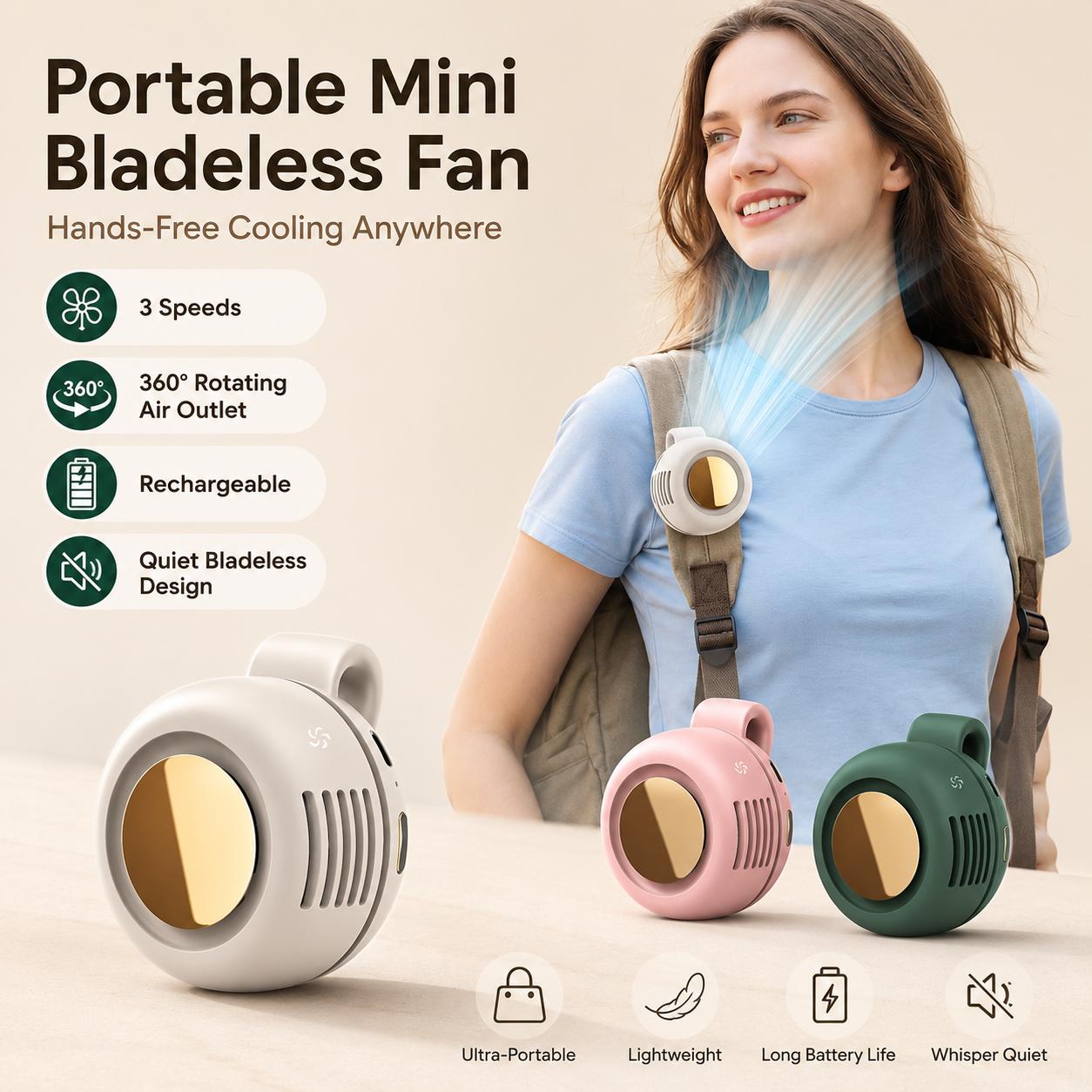 Mini Bladeless Portable Fan, Rechargeable 3-Speed Waist Clip Fan with Quiet Turbo Airflow, Handheld Personal Fan & Phone Cooling Fan for Travel, Outdoor, Camping, Work & Gifts for Dad