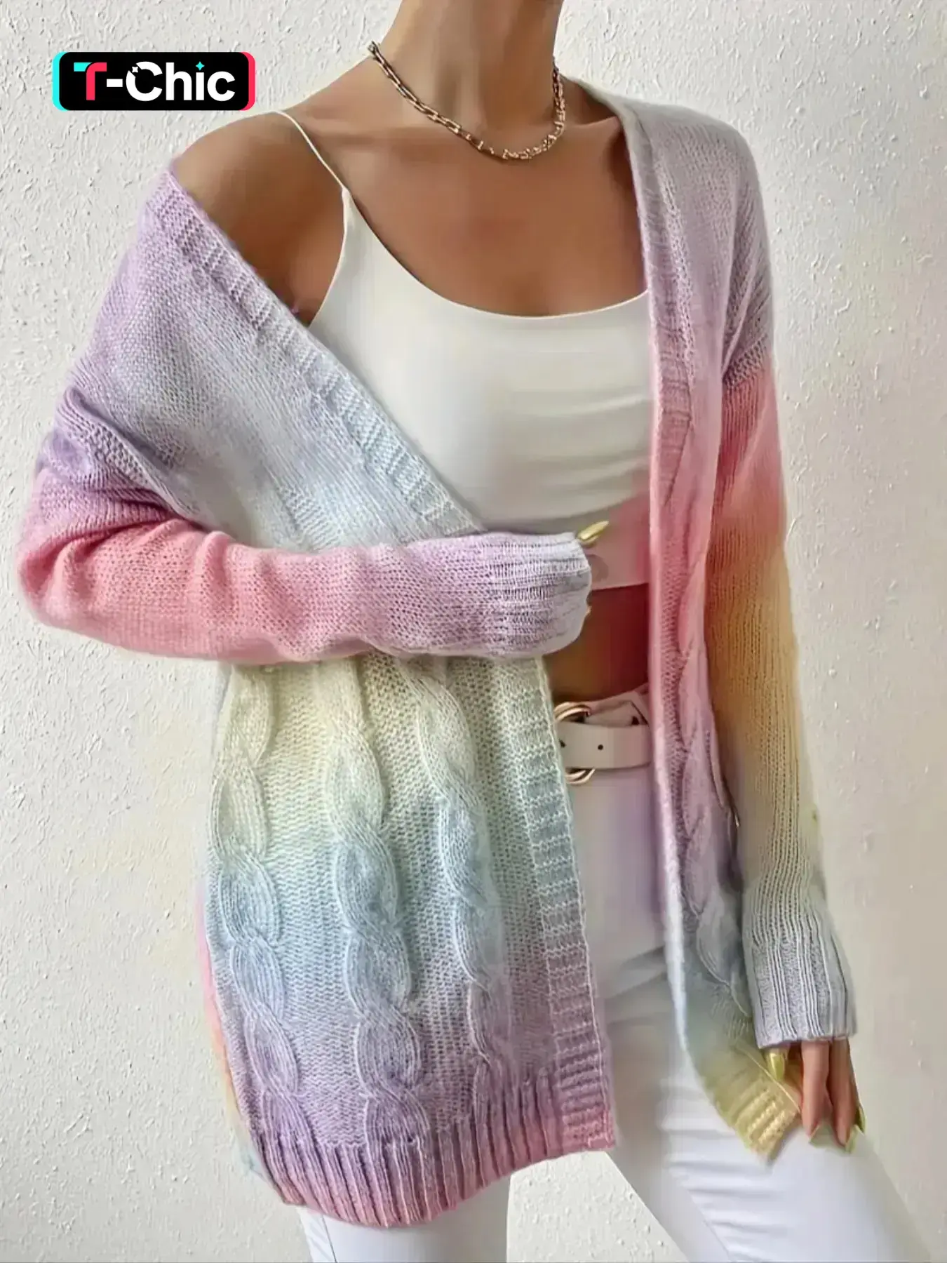 Gradient Color Twist Rope Knit Long Cardigan, Knit Outerwear, Casual Style Fitted Long Sleeve Sweater for Spring & Fall, Moderate Fabric Thickness, Knitwear, Womenswear, Women's Fashion
