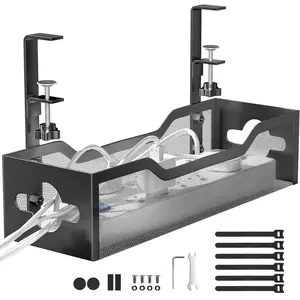 Under Desk Cable Management Tray No Drill, Metal Mesh Cable Management Under Desk with Clamp Mount, 2 Hole Cable Tray with Wire Management and Cord Organizer for Home Office Standing Desk