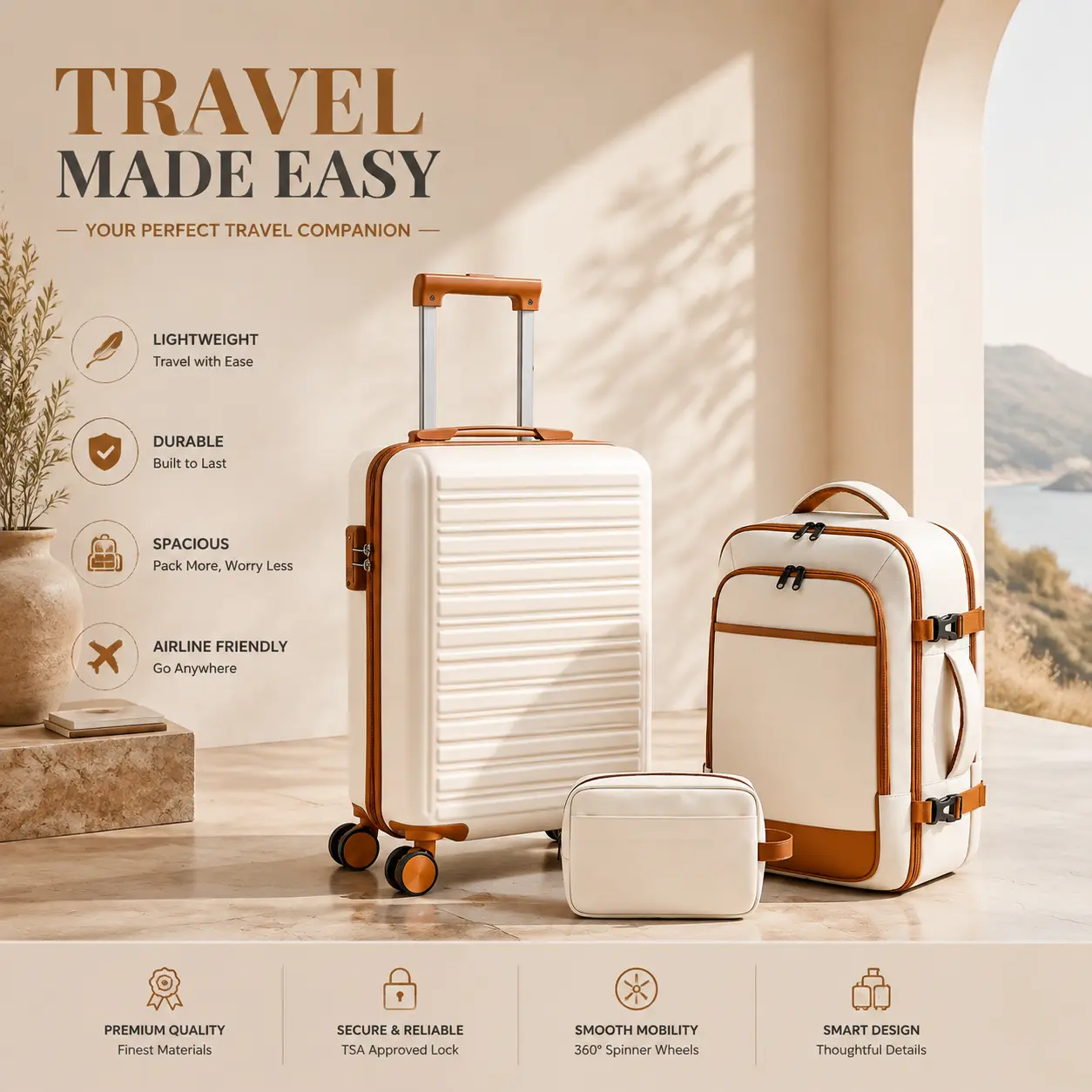 Back to School Ready – 3-Piece 20 Inch Carry-On Luggage Set with PC Hardside, 360° Spinner Wheels, TSA Lock & Travel Backpack, Ideal for Students & Travelers
