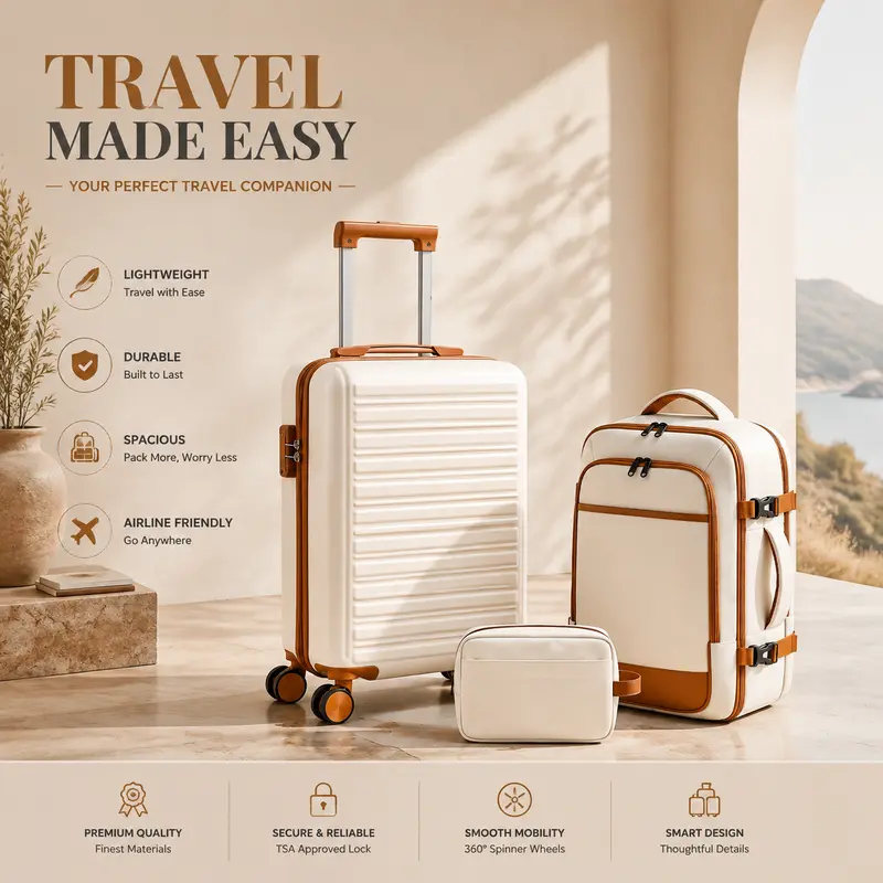 Sweetcrispy 3-Piece ABS Hardshell Luggage Set, Including 20-Inch Airline-Approved Carry On Luggage, TSA Lock, Alloy Zipper, 360° Spinner Wheels, 40L Travel Backpack, Toiletry Bag for Short Trips & Back-to-School