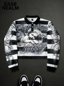 American Street Angel Full Print Polo Neck Sweatshirt, Striped Patchwork Graffiti Letters, Trendy Loose Short Pullover Man