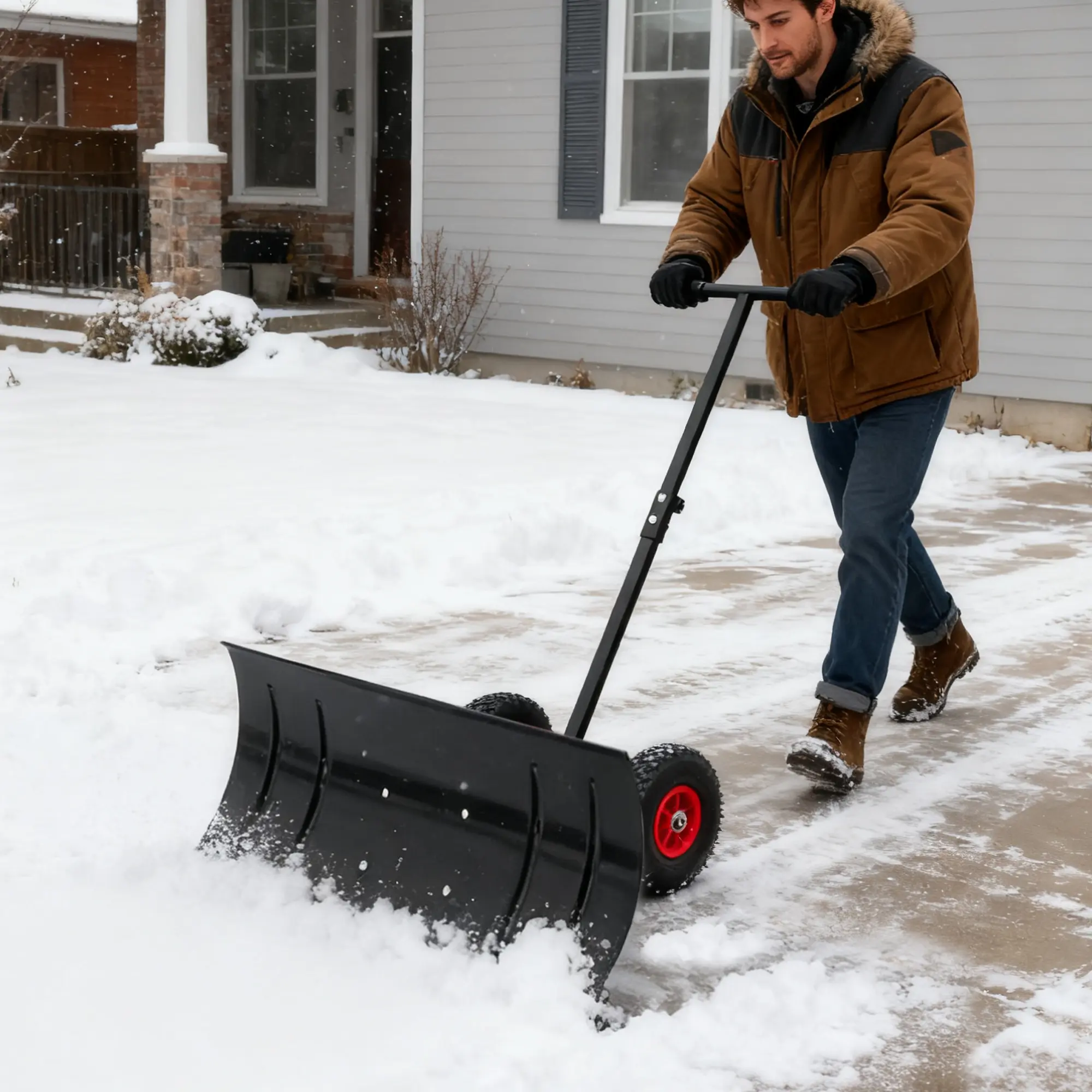 DOMISO Large Snow Shovel Pusher for Driveway, Metal Snow Pusher with Wheels, Ergonomic Snow Pusher Shovel with Snow Removal Adjustable Angle & Height Handle for Driveway, Double Rod Steel Snow Shovel
